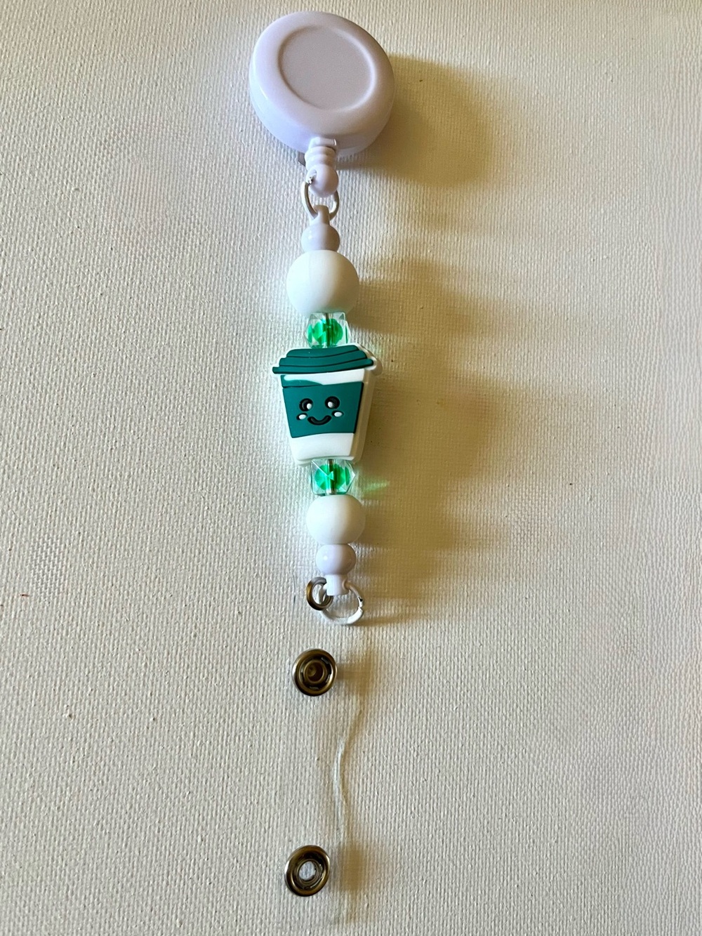 Cute Teal Coffee Cup Badge Reel - White & Teal